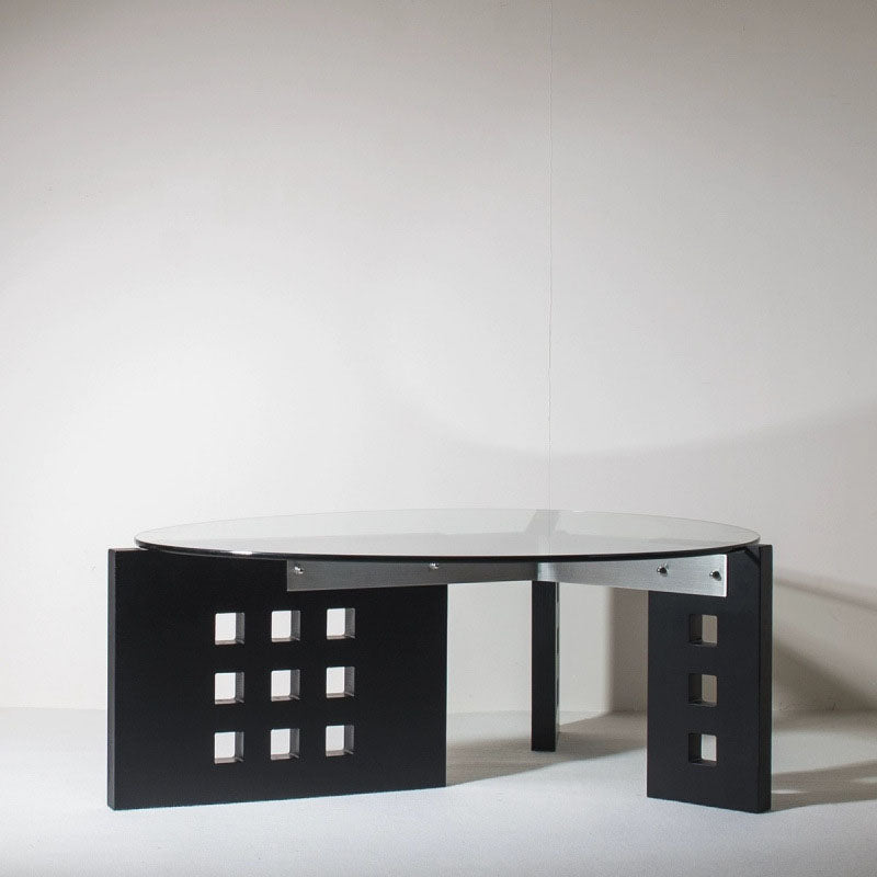 Moderner minimalistischer Couchtisch aus gehärtetem Glas, Edelstahl und massivem Holz mit ovaler Form und perforiertem Sockel, einlagiger Tisch für das Wohnzimmer 