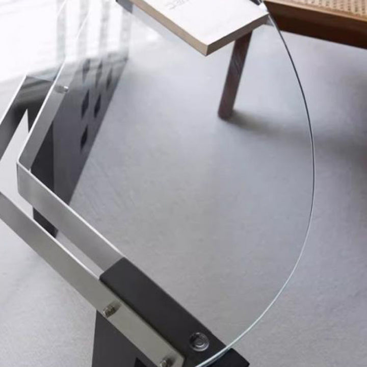 Moderner minimalistischer Couchtisch aus gehärtetem Glas, Edelstahl und massivem Holz mit ovaler Form und perforiertem Sockel, einlagiger Tisch für das Wohnzimmer 