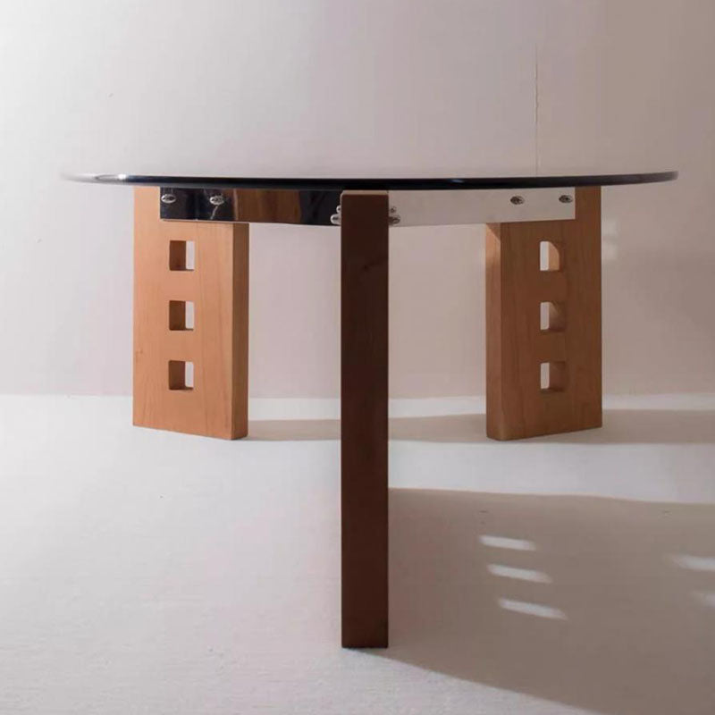 Moderner minimalistischer Couchtisch aus gehärtetem Glas, Edelstahl und massivem Holz mit ovaler Form und perforiertem Sockel, einlagiger Tisch für das Wohnzimmer 