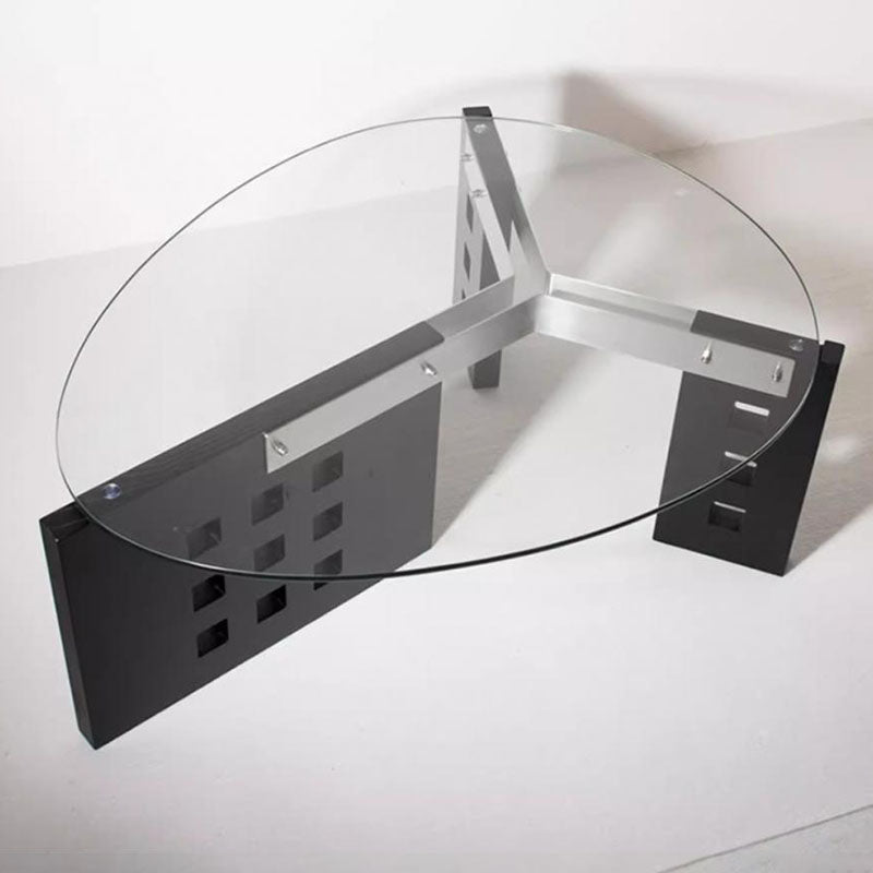 Moderner minimalistischer Couchtisch aus gehärtetem Glas, Edelstahl und massivem Holz mit ovaler Form und perforiertem Sockel, einlagiger Tisch für das Wohnzimmer 