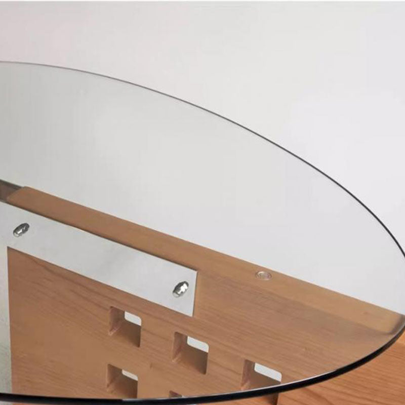 Moderner minimalistischer Couchtisch aus gehärtetem Glas, Edelstahl und massivem Holz mit ovaler Form und perforiertem Sockel, einlagiger Tisch für das Wohnzimmer 