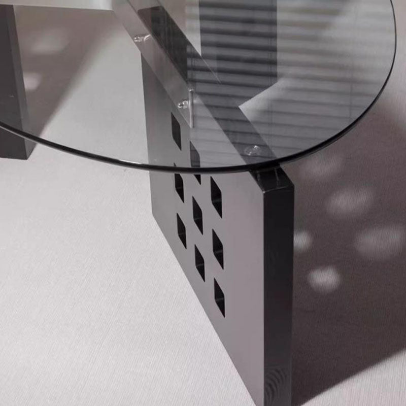Moderner minimalistischer Couchtisch aus gehärtetem Glas, Edelstahl und massivem Holz mit ovaler Form und perforiertem Sockel, einlagiger Tisch für das Wohnzimmer 