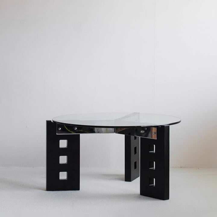 Moderner minimalistischer Couchtisch aus gehärtetem Glas, Edelstahl und massivem Holz mit ovaler Form und perforiertem Sockel, einlagiger Tisch für das Wohnzimmer 
