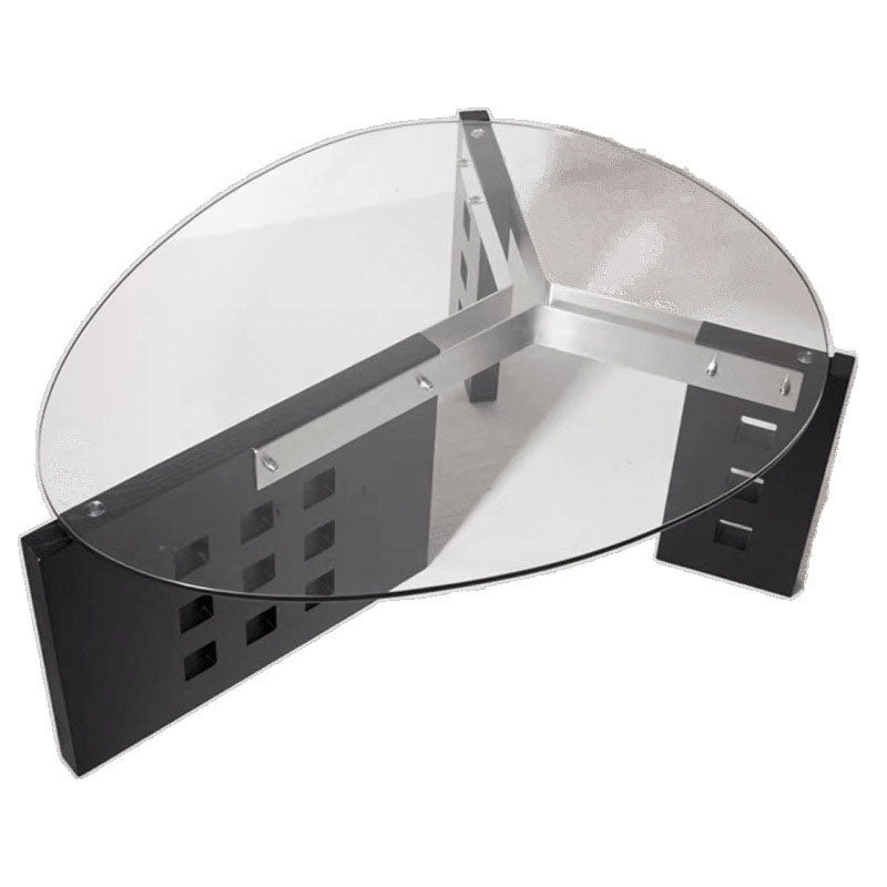 Moderner minimalistischer Couchtisch aus gehärtetem Glas, Edelstahl und massivem Holz mit ovaler Form und perforiertem Sockel, einlagiger Tisch für das Wohnzimmer 