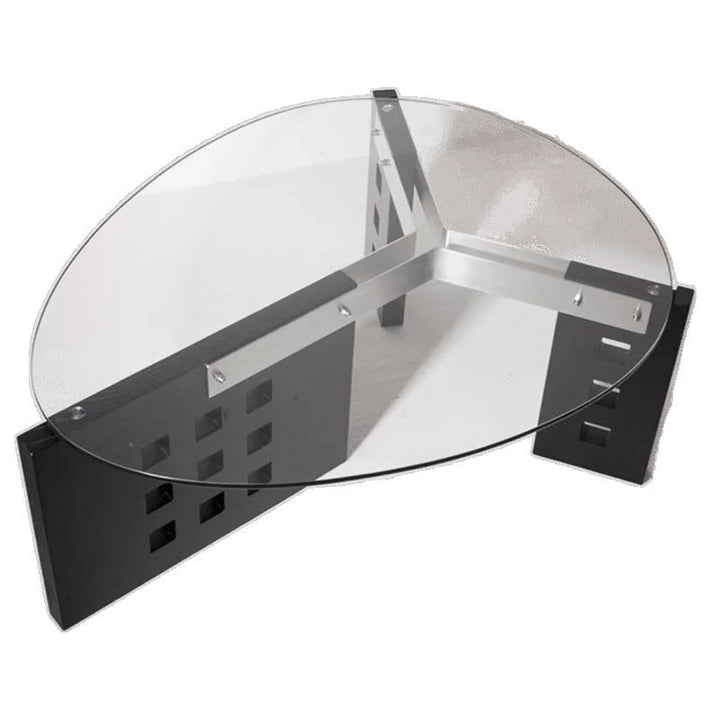 Moderner minimalistischer Couchtisch aus gehärtetem Glas, Edelstahl und massivem Holz mit ovaler Form und perforiertem Sockel, einlagiger Tisch für das Wohnzimmer 