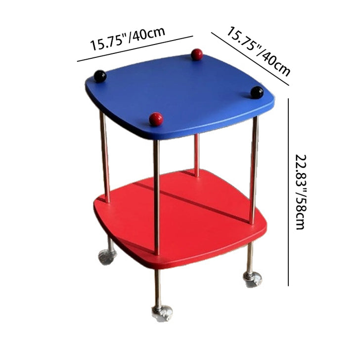 Modern Eclectic Square Rounded-Edge MDF Carbon Steel Rolling Side Table 2-Tier For Living Room