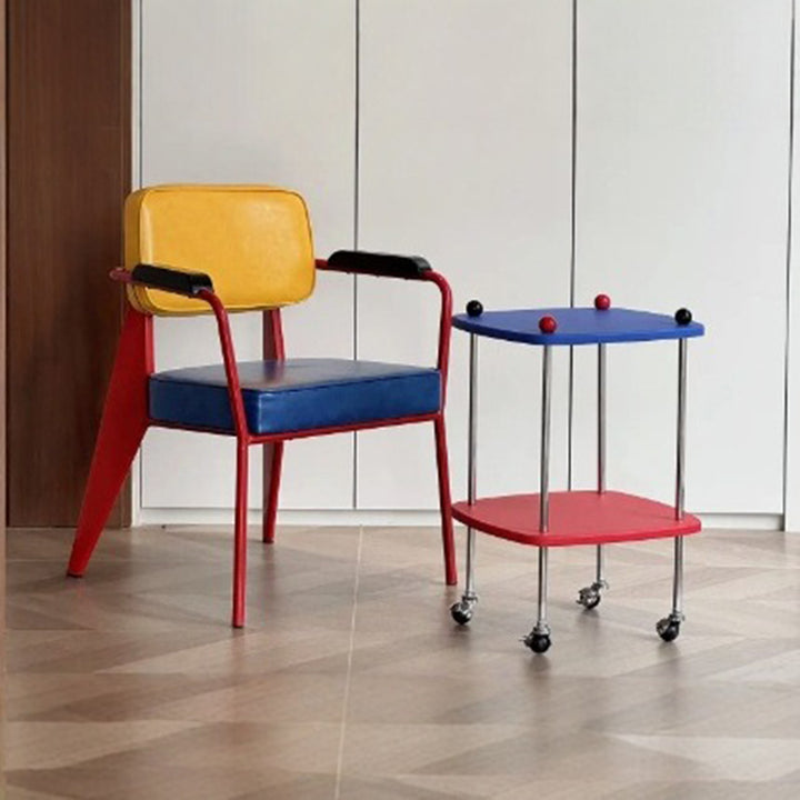 Modern Eclectic Square Rounded-Edge MDF Carbon Steel Rolling Side Table 2-Tier For Living Room