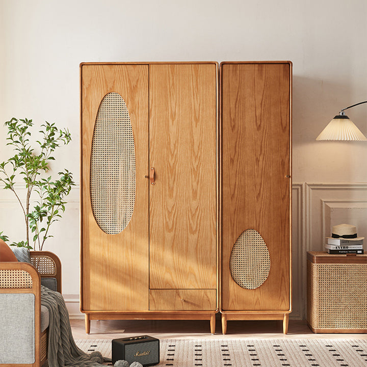 Contemporary Nordic Ash Wood &amp; Plywood Rectangular Minimalist Wardrobe Closet Cabinet With Rattan Doors Space Saving Storage For Bedroom