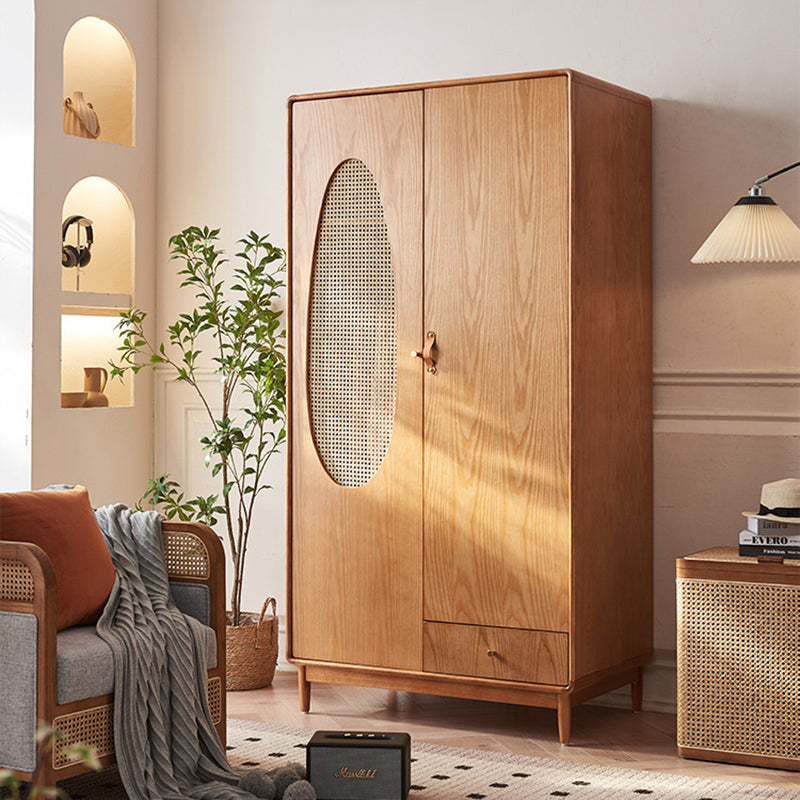 Contemporary Nordic Ash Wood &amp; Plywood Rectangular Minimalist Wardrobe Closet Cabinet With Rattan Doors Space Saving Storage For Bedroom