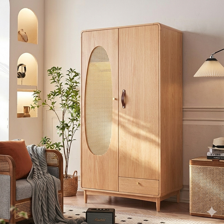 Contemporary Nordic Ash Wood &amp; Plywood Rectangular Minimalist Wardrobe Closet Cabinet With Rattan Doors Space Saving Storage For Bedroom