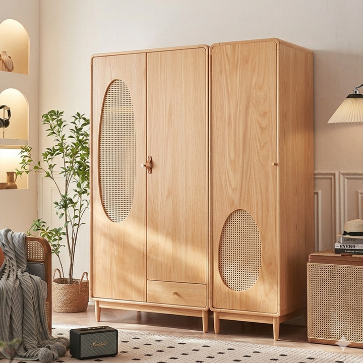 Contemporary Nordic Ash Wood &amp; Plywood Rectangular Minimalist Wardrobe Closet Cabinet With Rattan Doors Space Saving Storage For Bedroom