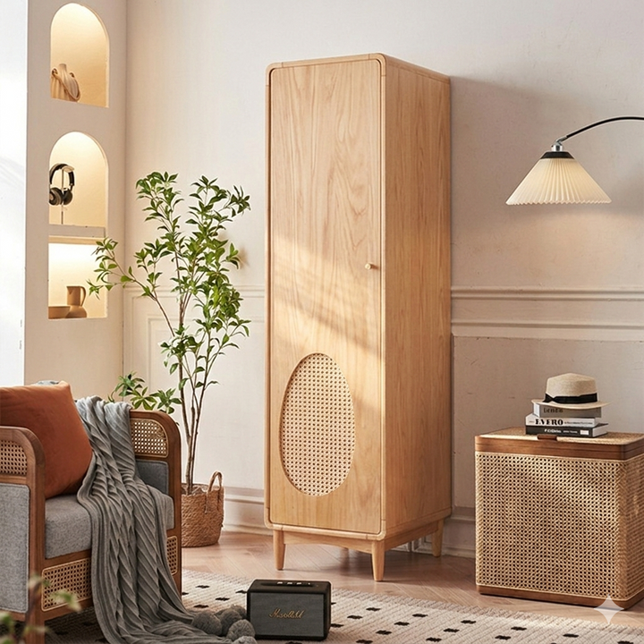Contemporary Nordic Ash Wood &amp; Plywood Rectangular Minimalist Wardrobe Closet Cabinet With Rattan Doors Space Saving Storage For Bedroom