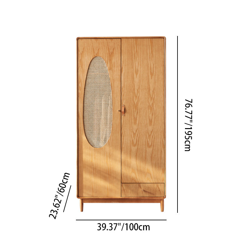 Contemporary Nordic Ash Wood &amp; Plywood Rectangular Minimalist Wardrobe Closet Cabinet With Rattan Doors Space Saving Storage For Bedroom