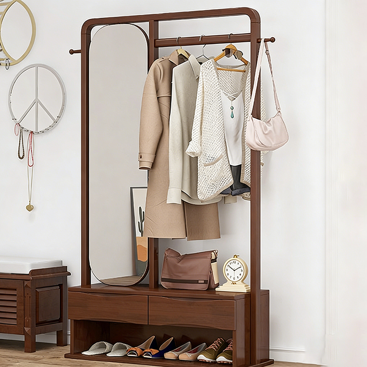 Portemanteau d’entrée autoportant moderne et minimaliste en bois massif et contreplaqué, avec miroir pleine longueur pivotant et 2 tiroirs pour chambre à coucher 