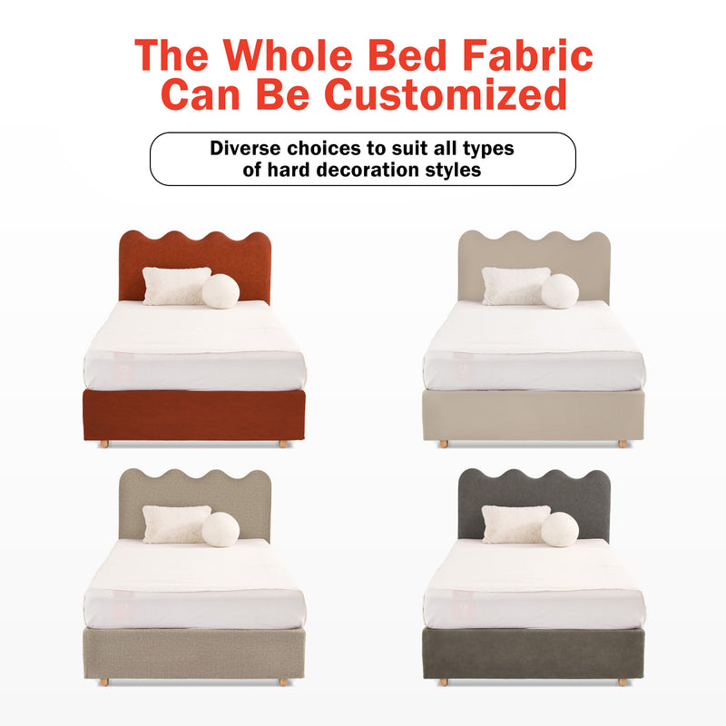 Wavy Paint-Free Solid Wood Bed Frame - Beige Linen French Design For Your Bedroom