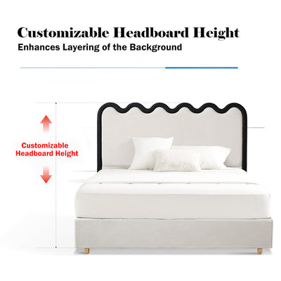 Wavy Paint-Free Solid Wood Bed Frame - Beige Linen French Design For Your Bedroom