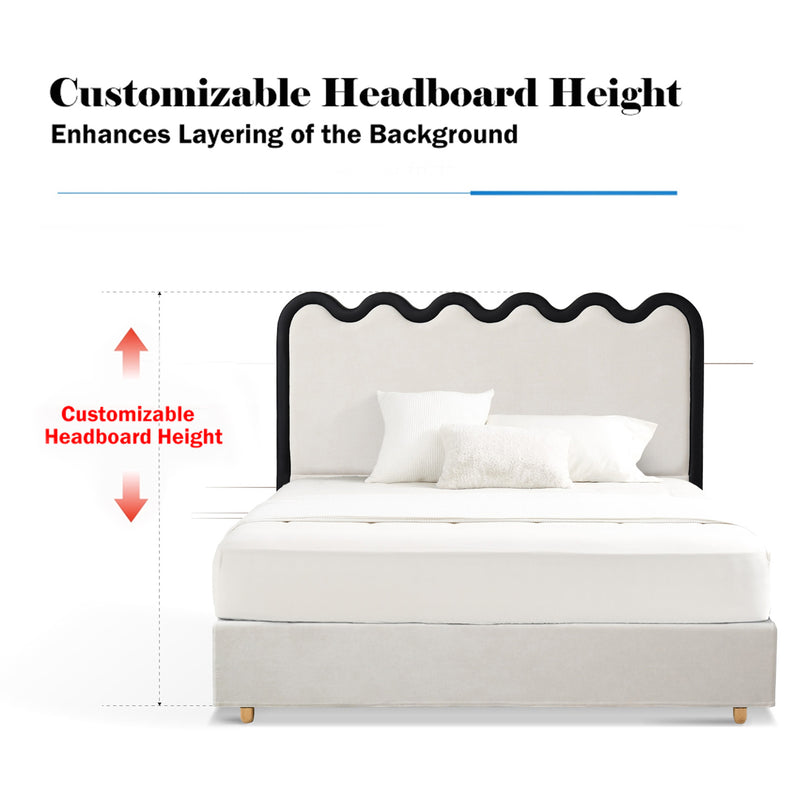 Wavy Paint-Free Solid Wood Bed Frame - Beige Linen French Design For Your Bedroom