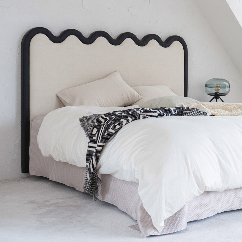 Wavy Paint-Free Solid Wood Bed Frame - Beige Linen French Design For Your Bedroom