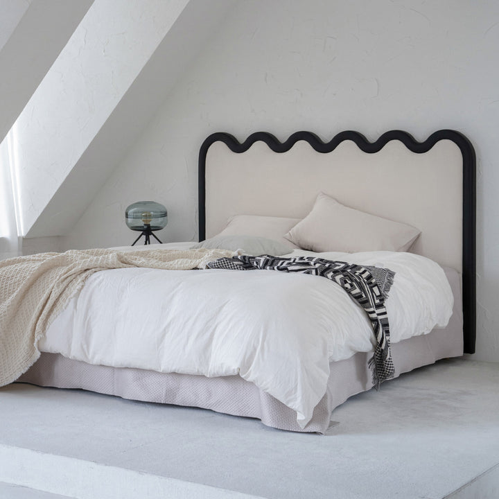 Wavy Paint-Free Solid Wood Bed Frame - Beige Linen French Design For Your Bedroom