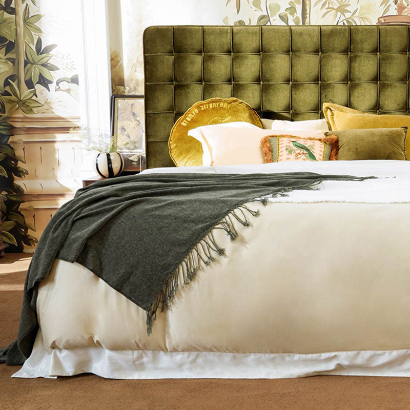 Velvet Sustainable Solid Wood Bed Frame - Vintage Cottage Olive Green Tufted Design