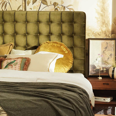 Velvet Sustainable Solid Wood Bed Frame - Vintage Cottage Olive Green Tufted Design