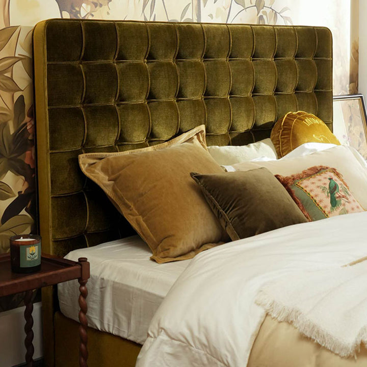 Velvet Sustainable Solid Wood Bed Frame - Vintage Cottage Olive Green Tufted Design