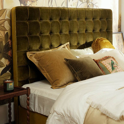 Velvet Sustainable Solid Wood Bed Frame - Vintage Cottage Olive Green Tufted Design