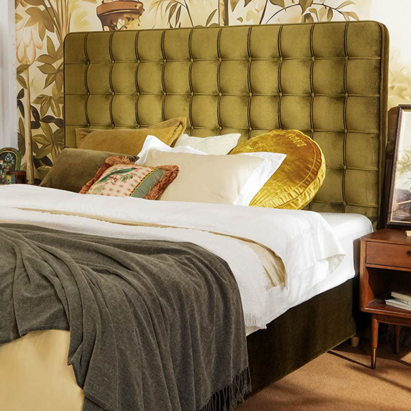 Velvet Sustainable Solid Wood Bed Frame - Vintage Cottage Olive Green Tufted Design