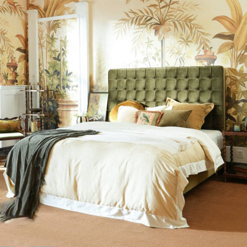 Velvet Sustainable Solid Wood Bed Frame - Vintage Cottage Olive Green Tufted Design