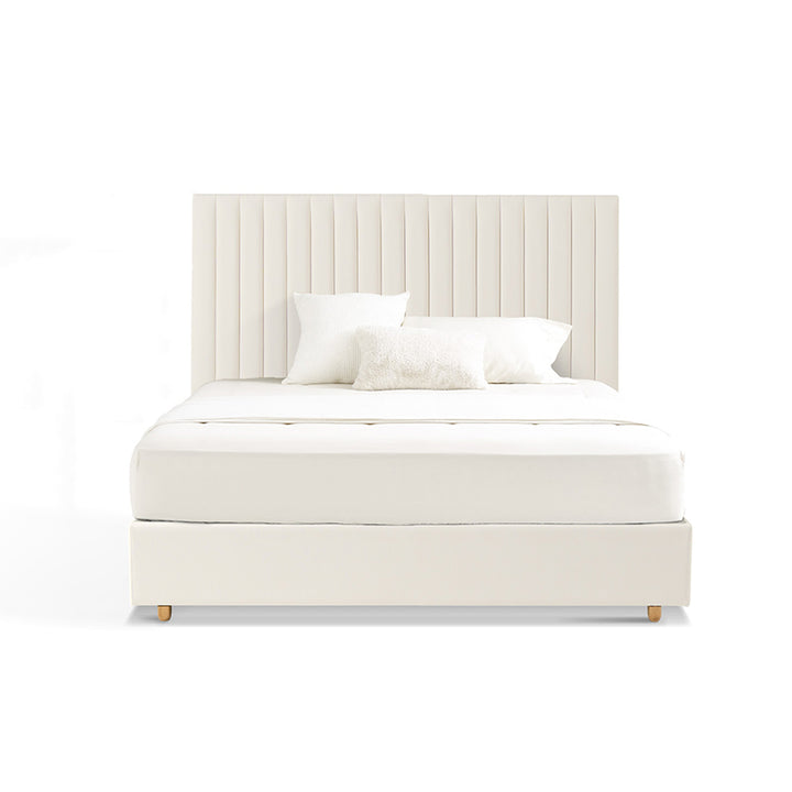 White Vertical Channel Tufted Headboard Bed Frame - French-Style Soft Upholstery &amp; Clean Edge Bed For Your Bedroom