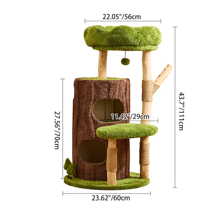 Arbre à chat contemporain créatif à 2 condos et 2 perchoirs en panneaux de particules ronds, bois fruitier naturel, tissu velours et sisal pour salon 
