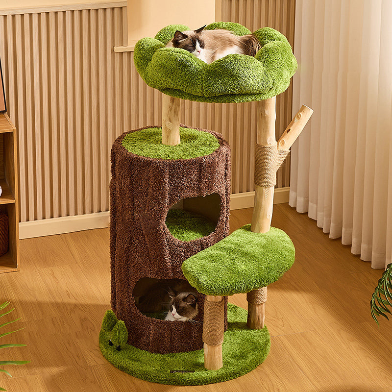 Arbre à chat contemporain créatif à 2 condos et 2 perchoirs en panneaux de particules ronds, bois fruitier naturel, tissu velours et sisal pour salon 