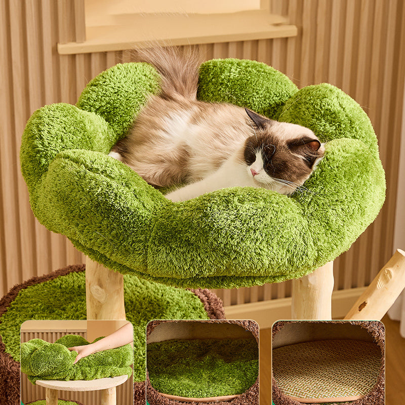 Arbre à chat contemporain créatif à 2 condos et 2 perchoirs en panneaux de particules ronds, bois fruitier naturel, tissu velours et sisal pour salon 