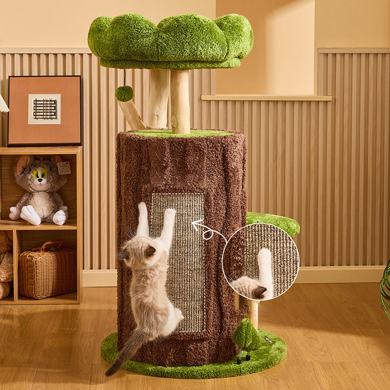 Arbre à chat contemporain créatif à 2 condos et 2 perchoirs en panneaux de particules ronds, bois fruitier naturel, tissu velours et sisal pour salon 