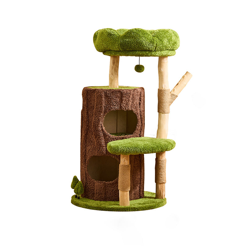 Arbre à chat contemporain créatif à 2 condos et 2 perchoirs en panneaux de particules ronds, bois fruitier naturel, tissu velours et sisal pour salon 