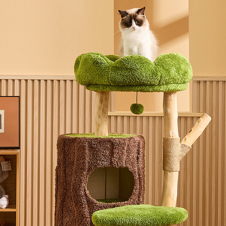 Arbre à chat contemporain créatif à 2 condos et 2 perchoirs en panneaux de particules ronds, bois fruitier naturel, tissu velours et sisal pour salon 