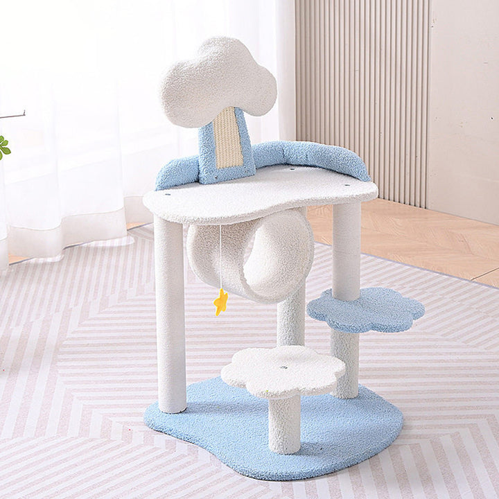 Arbre à chat contemporain créatif en panneau de fibres à densité moyenne, tissu velours, corde de chanvre, 1 condo, 2/3 perchoirs, pour salon 