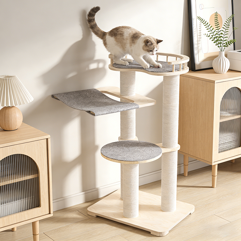 Contemporary Scandinavian Round Plywood Felt Paper Rope Cat Tree For Bedroom
