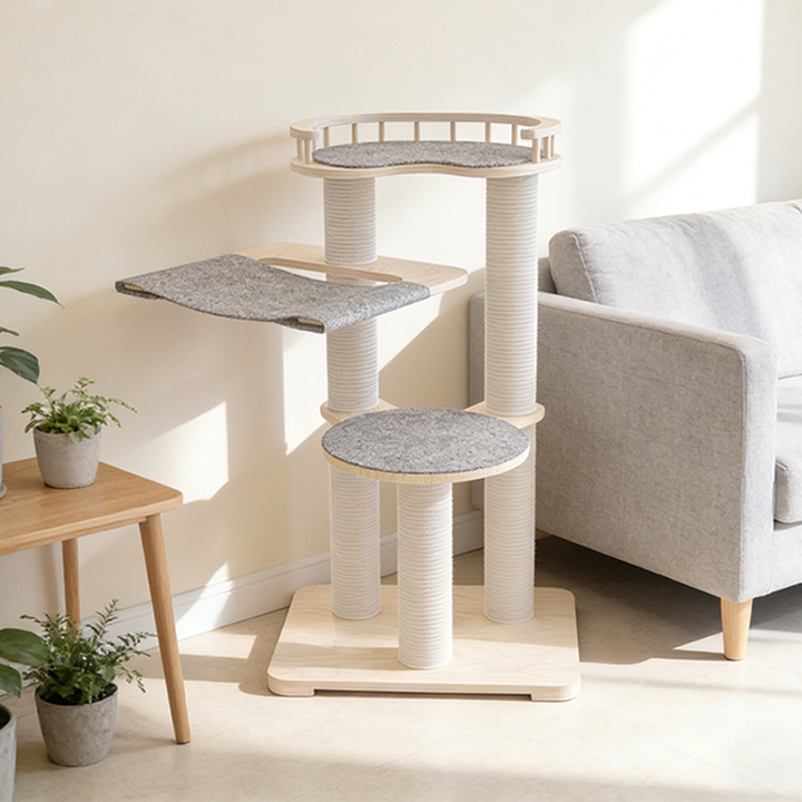 Árbol para gatos redondo contemporáneo de contrachapado escandinavo con fieltro y cuerda de papel para dormitorio 