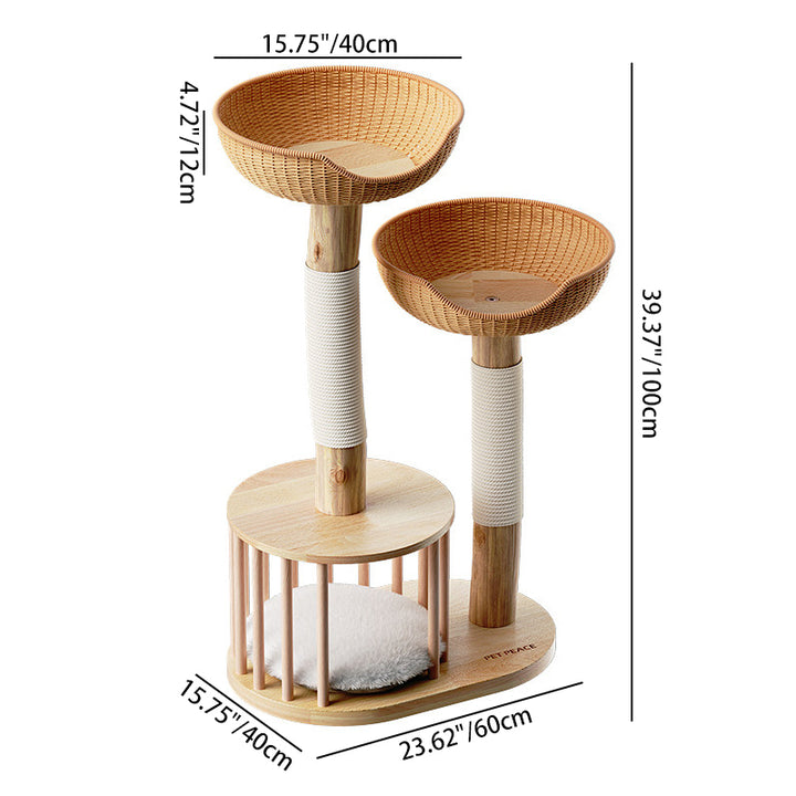 Árbol para gatos tradicional japonés de madera de caucho redonda, madera frutal natural y sisal, 1 condominio, 2 perchas, para dormitorio 