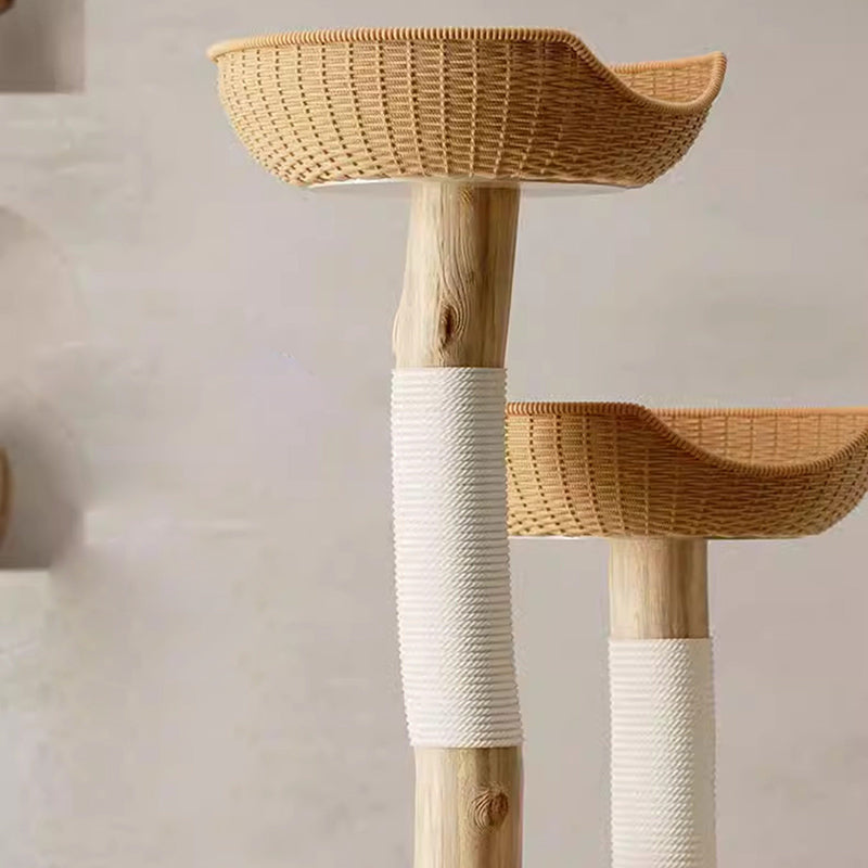 Traditioneller japanischer Rund-Kautschukholz-Naturobstholz-Sisal 1-Katzenwohnung 2-Sitzstangen-Kratzbaum für das Schlafzimmer 