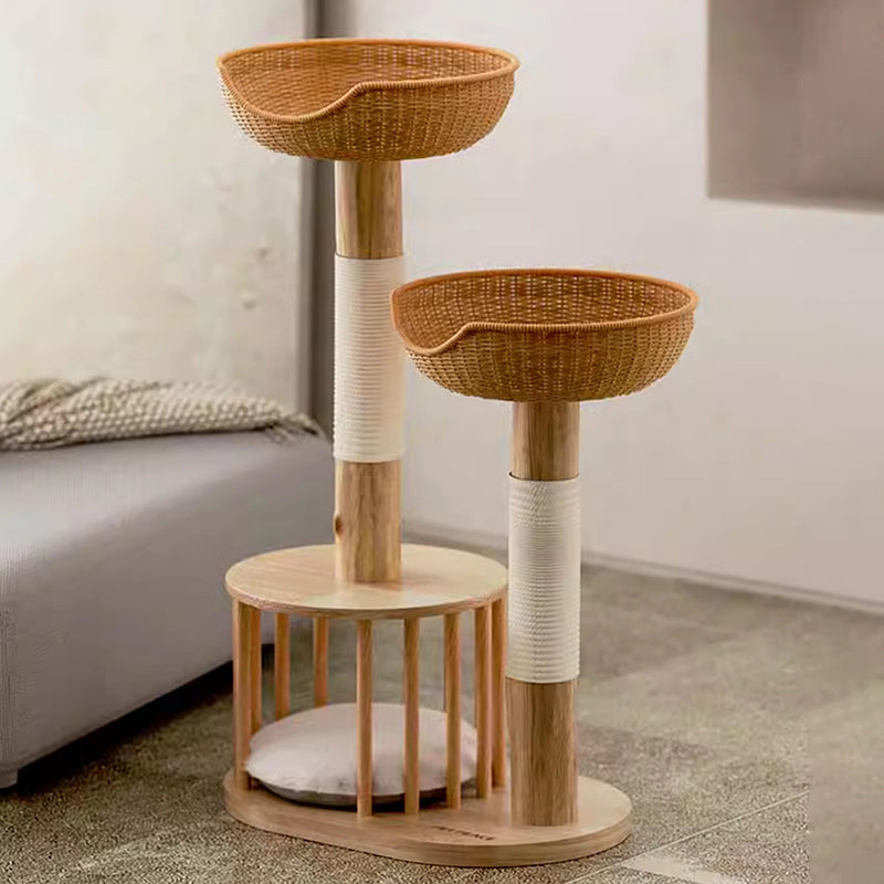 Traditioneller japanischer Rund-Kautschukholz-Naturobstholz-Sisal 1-Katzenwohnung 2-Sitzstangen-Kratzbaum für das Schlafzimmer 