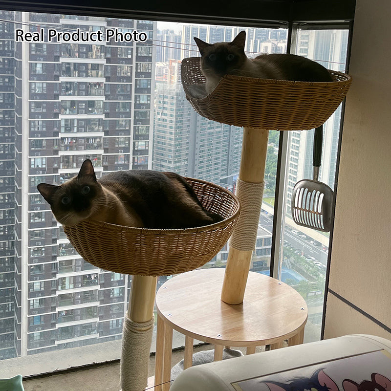 Traditioneller japanischer Rund-Kautschukholz-Naturobstholz-Sisal 1-Katzenwohnung 2-Sitzstangen-Kratzbaum für das Schlafzimmer 