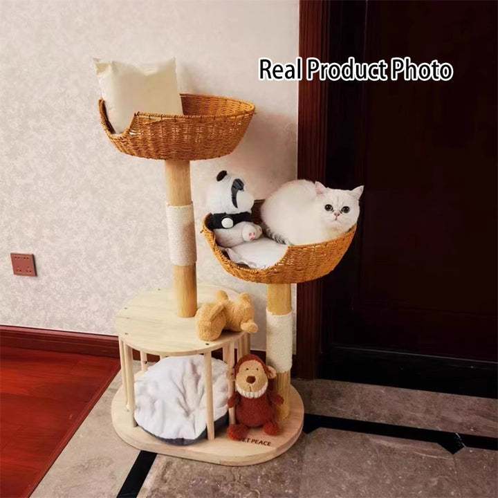 Traditioneller japanischer Rund-Kautschukholz-Naturobstholz-Sisal 1-Katzenwohnung 2-Sitzstangen-Kratzbaum für das Schlafzimmer 