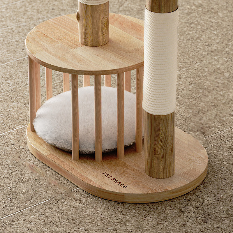 Traditioneller japanischer Rund-Kautschukholz-Naturobstholz-Sisal 1-Katzenwohnung 2-Sitzstangen-Kratzbaum für das Schlafzimmer 