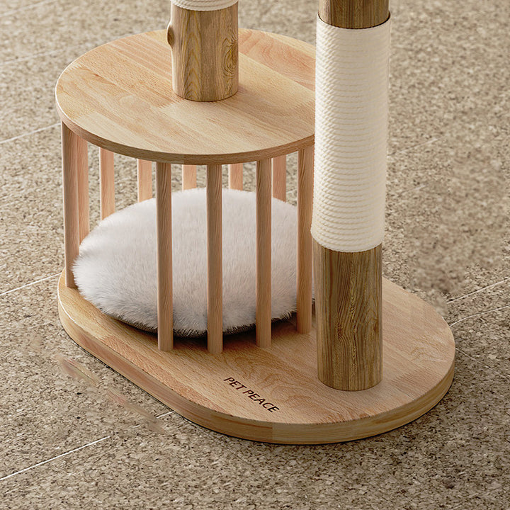 Traditioneller japanischer Rund-Kautschukholz-Naturobstholz-Sisal 1-Katzenwohnung 2-Sitzstangen-Kratzbaum für das Schlafzimmer 