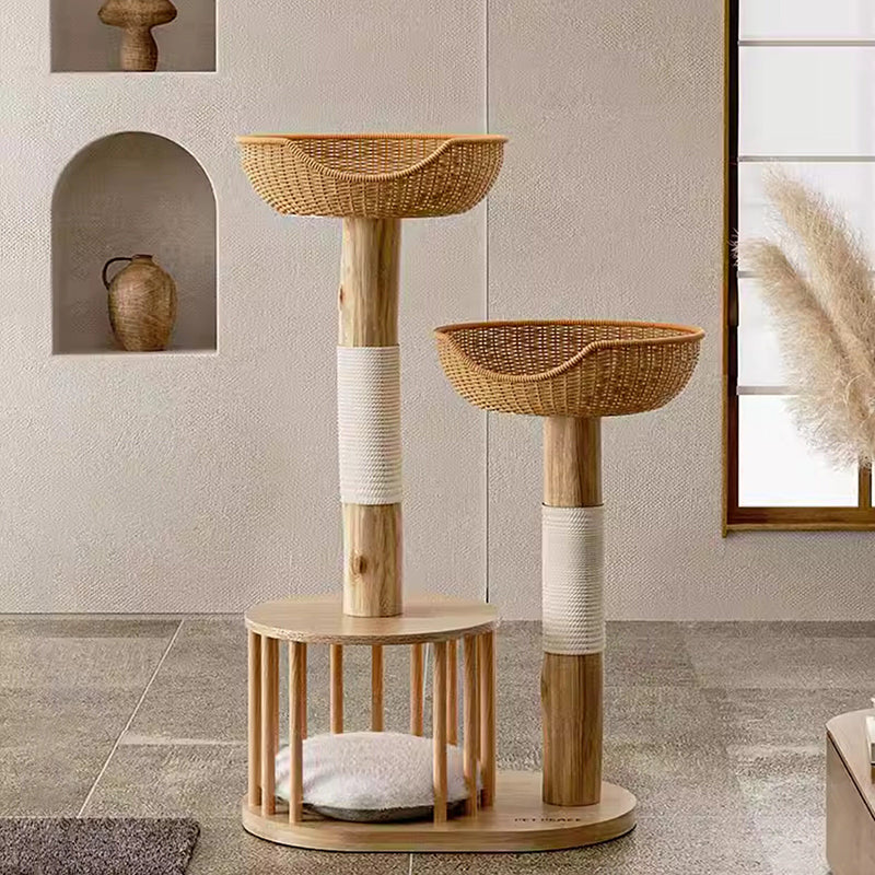 Traditioneller japanischer Rund-Kautschukholz-Naturobstholz-Sisal 1-Katzenwohnung 2-Sitzstangen-Kratzbaum für das Schlafzimmer 