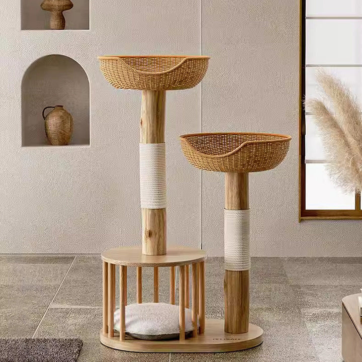 Traditioneller japanischer Rund-Kautschukholz-Naturobstholz-Sisal 1-Katzenwohnung 2-Sitzstangen-Kratzbaum für das Schlafzimmer 
