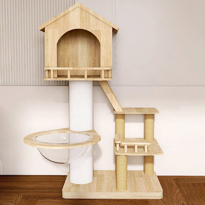 Árbol para gatos contemporáneo escandinavo rectangular de madera de caucho, tubo de papel, cuerda de cáñamo, 2 condominios y 2 perchas para dormitorio 