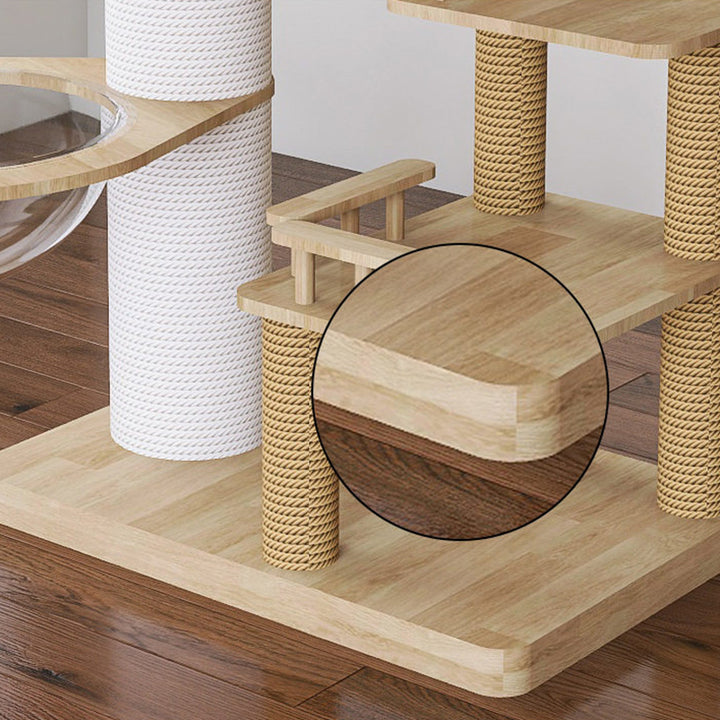 Arbre à chat contemporain scandinave rectangulaire en bois d’hévéa massif, panneau en bois, tube en papier, corde de chanvre, 2 condos, 2 perchoirs, pour chambre à coucher 